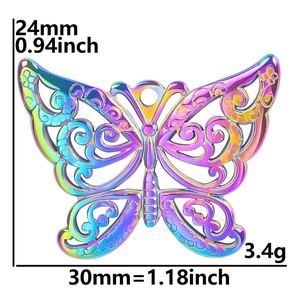 Macro detail of rainbow butterfly pendant showing dimensions 30mm by 24mm and weight 3.4g