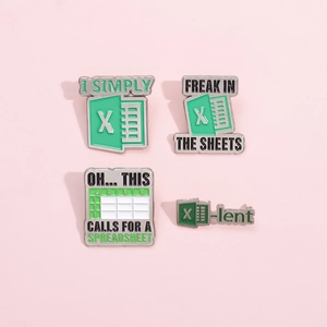 Funny office enamel pins set featuring creative spreadsheet icons and clever puns