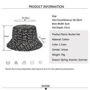 Size guide for cotton bucket hat with number print, showing dimensions for men and women