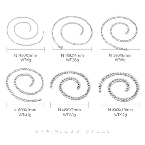 Tableau des tailles pour collier chaîne cubaine en acier avec longueurs et poids variés