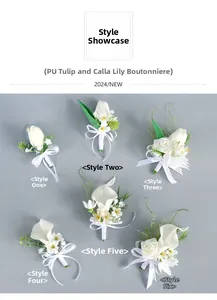 Macro detail of PU calla lily and tulip wedding boutonnieres in six styles with white ribbons