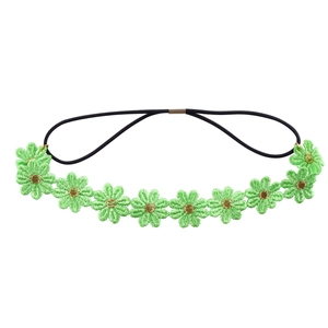 Close-up of green lace daisy headband with golden centers and black elastic band