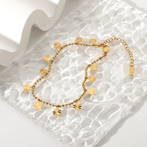 18K gold plated stainless steel anklet with beaded chain and sunburst petal pendants