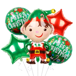 5-piece Christmas elf foil balloon set with Merry Christmas prints and star shapes