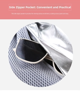 Detail of the mesh side pocket with silver lining showing storage for sunglasses