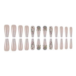 Champagne long coffin press-on nails set with glitter and Aurora starfish rhinestones