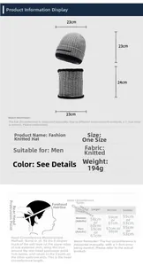 Size chart for men's winter knitted beanie and neck warmer set with measurement guide