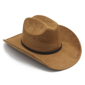 Detail of tan suede cowboy hat featuring a dark leather decorative band and curved brim