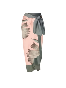 Pink and grey leaf print wrap beach skirt with waist tie for vacation swimwear