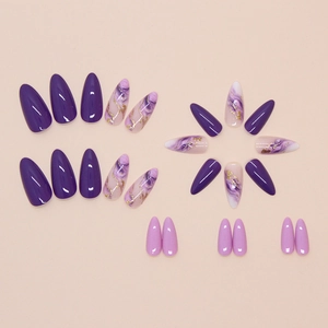 Purple marble press-on nails with gold foil in long almond shape and glossy finish