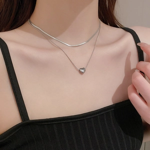 Elegant silver double layer choker with sleek heart pendant and snake chain for women