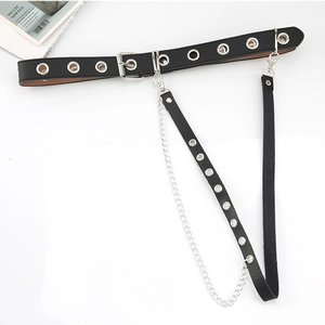Close-up of black punk leather belt featuring silver metal eyelets and decorative chains