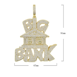 Macro shot of hip-hop BIG BANK shield pendant with gold plating and zircon inlay details