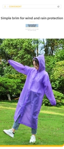 Detail view of purple semi-transparent EVA raincoat with drawstring hood and elastic cuffs
