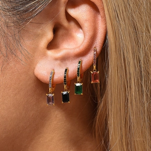 Square zircon drop earrings with 18K gold plated stainless steel hoops in four colors