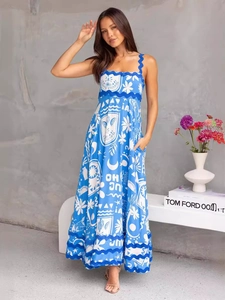 Damen Maxi Kleid Wellenkante Druck Spaghetti Träger Ärmellos Hohe Taille Sommer Urlaub Polyester Spandex Mit Taschen