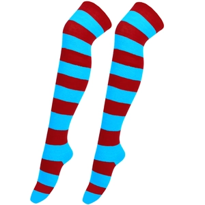 Detail view of red and blue striped over-knee high socks on a white background