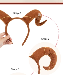 Detail of adjustable brown flocking horn headband with gold wire showing three shapes