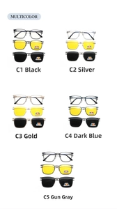 Detailed set of magnetic clip-on square polarized sunglasses with five frame color options