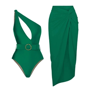 Emerald green one-shoulder monokini swimsuit with a matching wrap long skirt set
