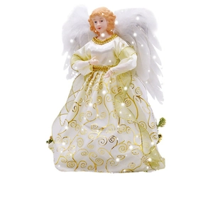Luminous angel Christmas tree topper with white feather wings and gold dress patterns