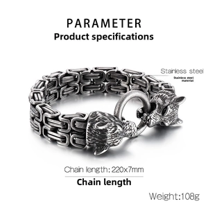Detailed specs of stainless steel wolf head bracelet with Byzantine chain and dimensions