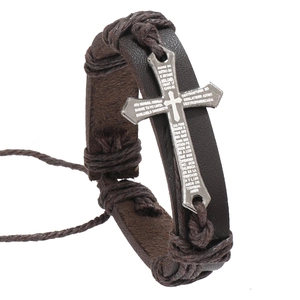 Men's retro brown braided leather bracelet with silver cross and Spanish prayer text