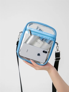 Detailed close-up of a clear PVC crossbody bag with blue trim and adjustable shoulder strap