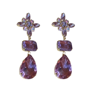 Sparkling purple teardrop crystal earrings with silver flower studs for women