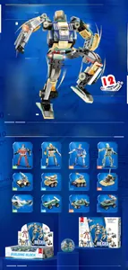 Detailed grid showing 12 mini vehicle models merging into a large warrior robot