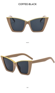 Front and side views of cat-eye sunglasses with coffee frame and gold metal trim detail