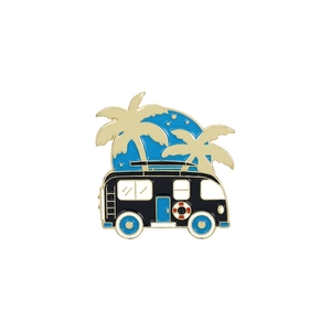 Camping car enamel pin with palm trees and blue circle background for outdoor lovers