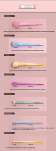 Detailed specs of macaron makeup brushes with precise length and head size labels