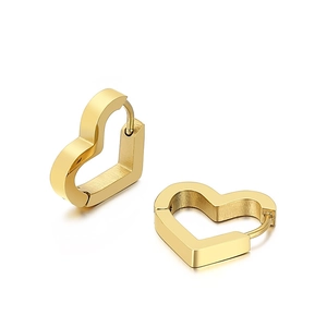 Pair of minimalist heart-shaped hoop earrings in gold-tone stainless steel on white background