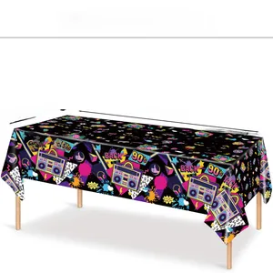 Retro 90s disco theme tablecloth 137x274cm featuring neon boombox and geometric patterns