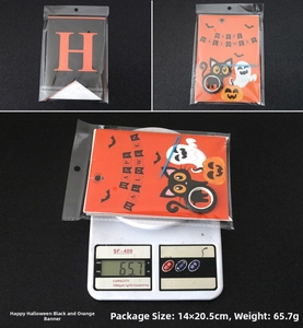Detail of Happy Halloween banner kit showing swallowtail flags and packaging dimensions