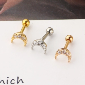 Three zirconia crescent moon ear studs in gold, silver and rose gold with screw ball backs