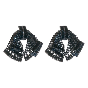 Sparkling crystal tassel bow earrings in black finish with long rhinestone fringe