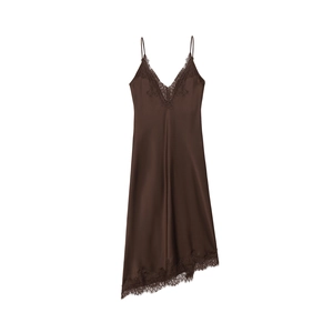 Satin Mini Dress For Women With Lace Trim Deep V Neck Spaghetti Strap Asymmetric Hem Solid Color Elegant Sexy Slip Dress