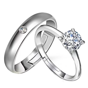 Adjustable couple rings with platinum plating featuring classic solitaire and minimalist band