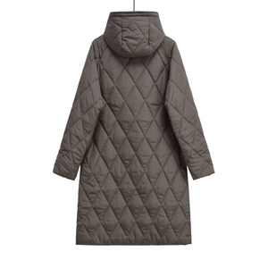 Deep brown long hooded quilted coat for women featuring a stylish large diamond pattern