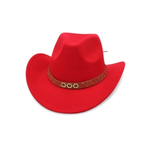 Detailed close-up of red wool felt cowboy hat with bohemian gold metal studded band