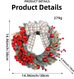 Detailed view of 38cm Christmas wreath with red berries, pine needles and checkered bow