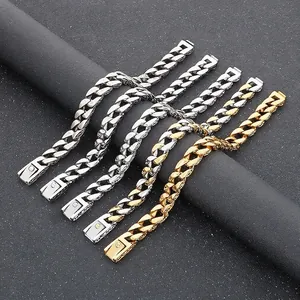 Men Cuban Chain Bracelet Stainless Steel Retro Carved Texture Punk Hip Hop Jewelry Accessory Square Buckle Hand Chain