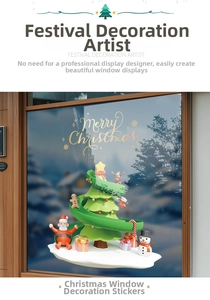 Detailed Christmas window stickers featuring snowman and Santa on a winter glass display