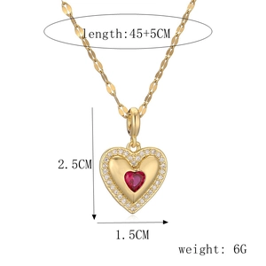 Detail of red heart pendant necklace with dimensions 2.5x1.5cm and 45+5cm length specs