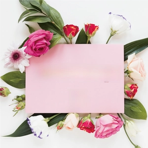 Pink Love Always greeting card with gold lettering surrounded by fresh roses and flowers