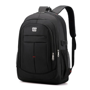 Side view of black durable multi-compartment backpack with silver zippers and mesh side pocket