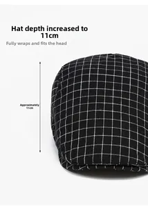 Detail showing 11cm deep crown of black and white checkered flat cap for optimal head fit