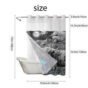 Detailed size chart for waffle shower curtain featuring a highland cow art print